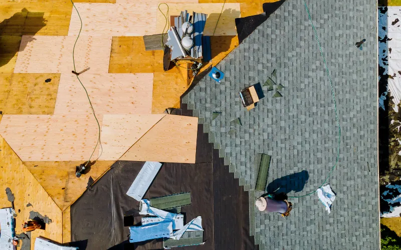 new roof replacement gray shingles from drone